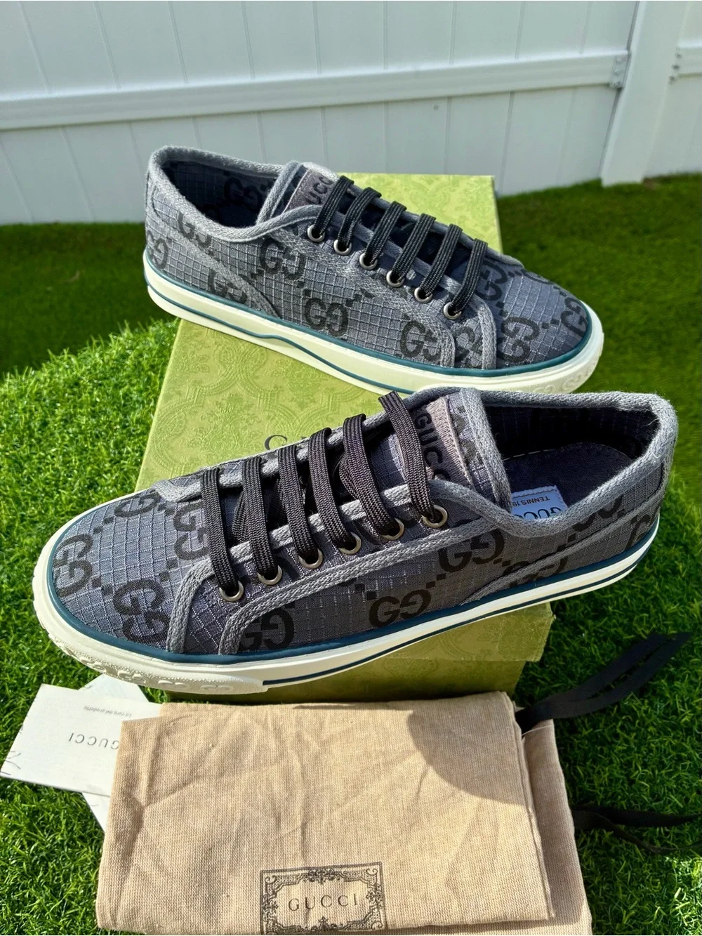 GUCCI TENNIS 1977 GREY BLACK GG SUPREME NEW MONOGRAM SNEAKERS SZ G8 EU 42 NEW!